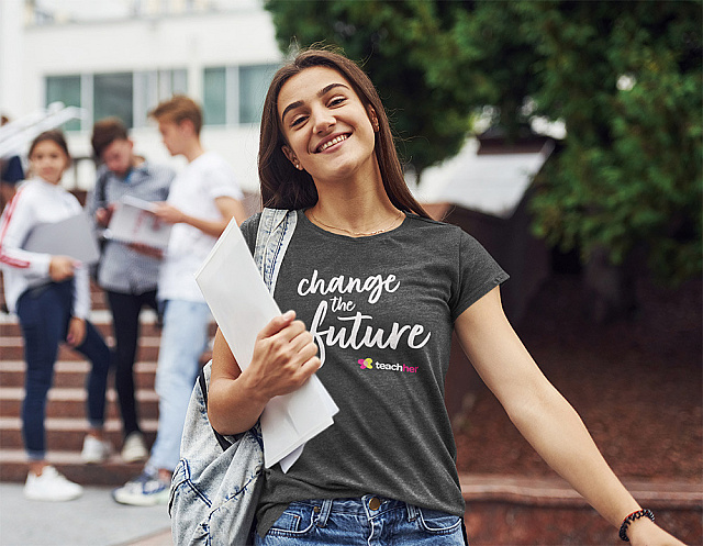 T shirt mockup featuring a happy woman at college 46546 r el2